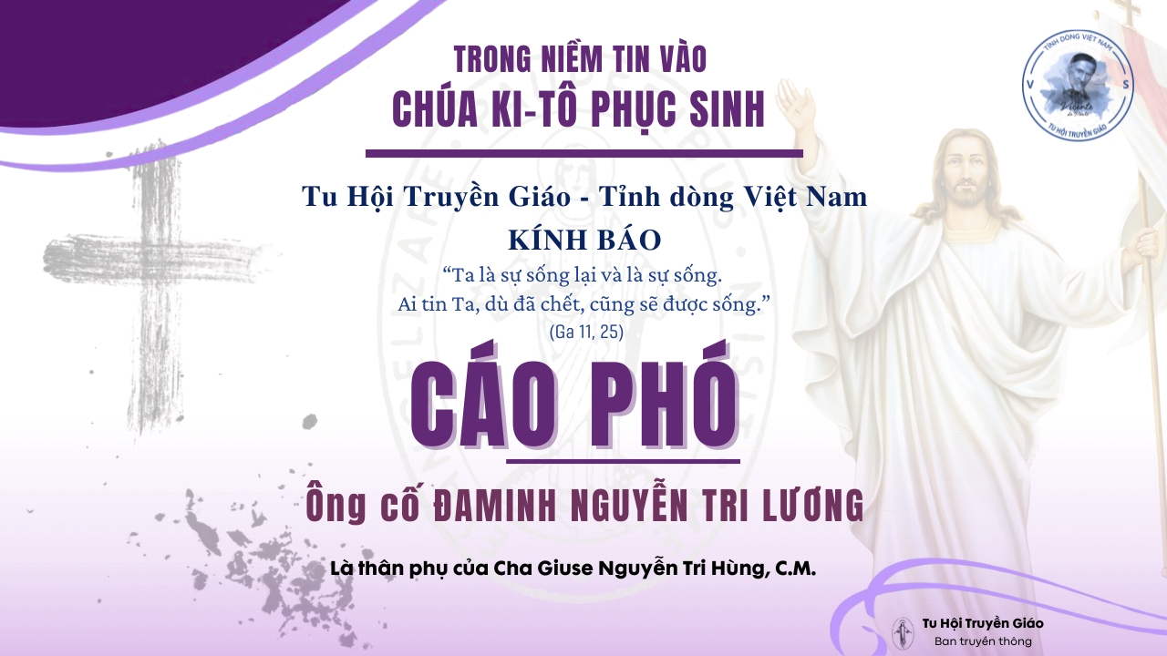 Cáo phó Ông cố Đaminh Nguyễn Tri Lương – Thân phụ của Cha Giuse Nguyễn Tri Hùng, CM.